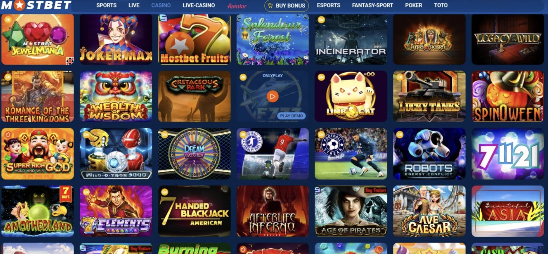 Catalogue de jeux Casino Mostbet